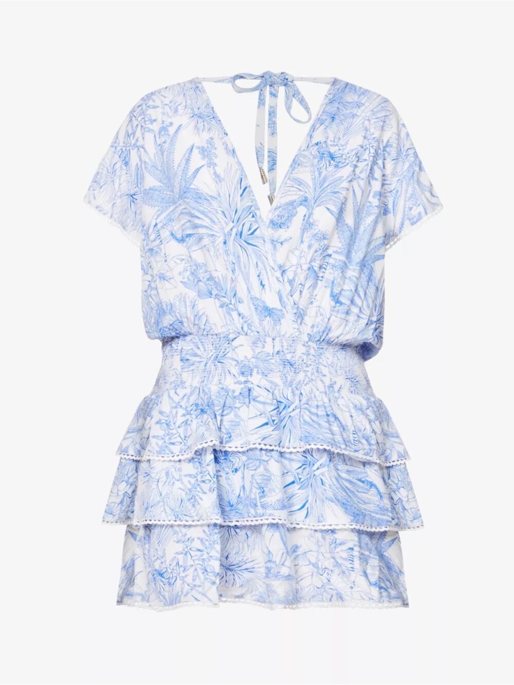 Melissa Odabash $275 Jess Tropical Low V-Neck Mini Dress- Tropical Blue LG EUC